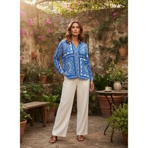 Tolani Onika Arabesque Top‎ Blue White Long Sleeve Button Up Women's Size Small